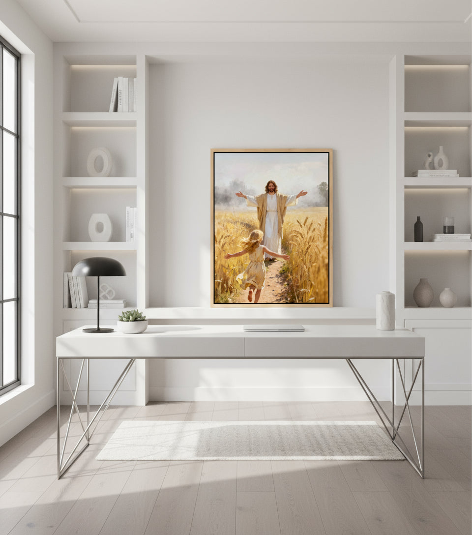 Jesus embraces the little girl in the wheat field | Jesus Canvas