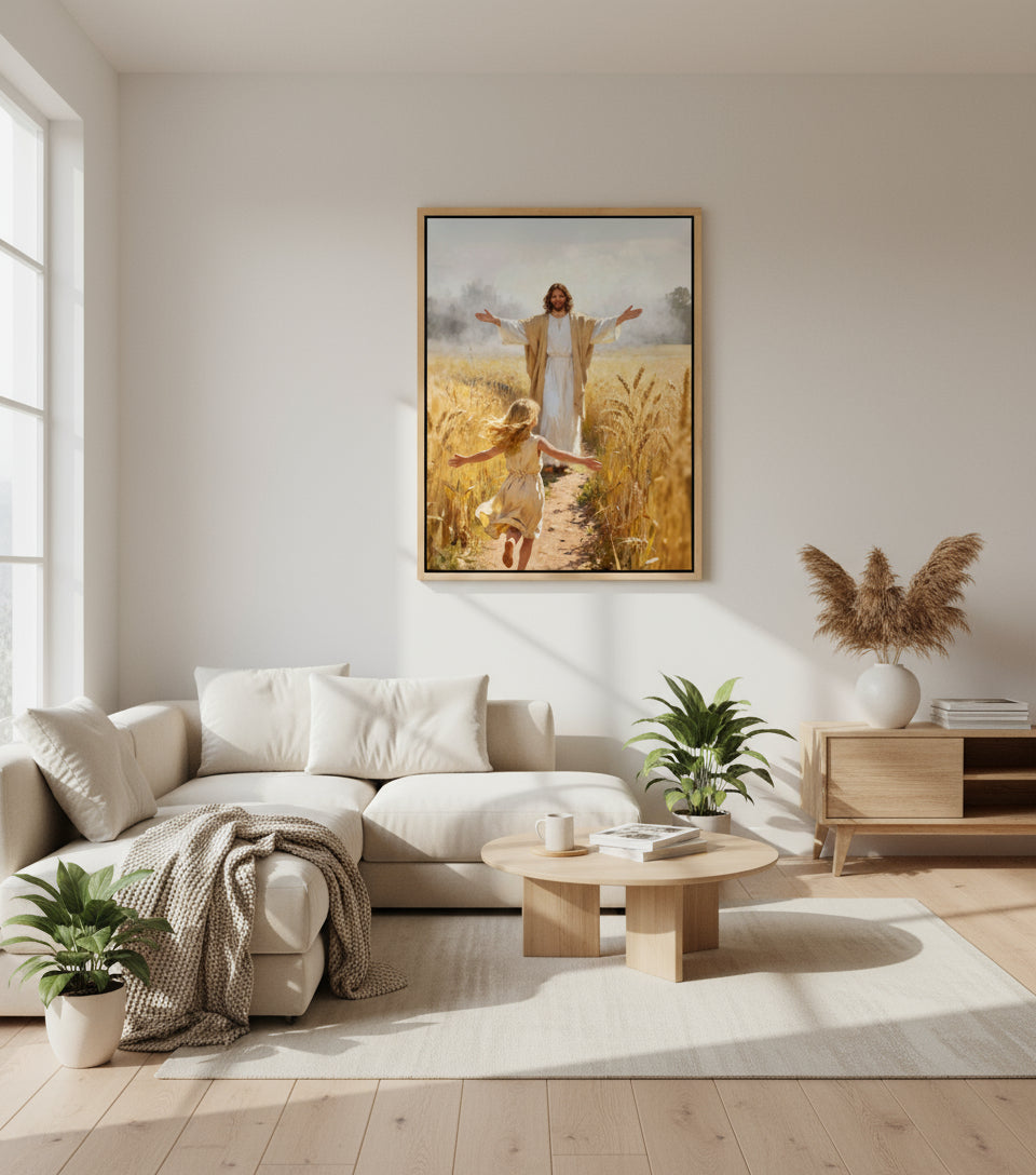 Jesus embraces the little girl in the wheat field | Jesus Canvas