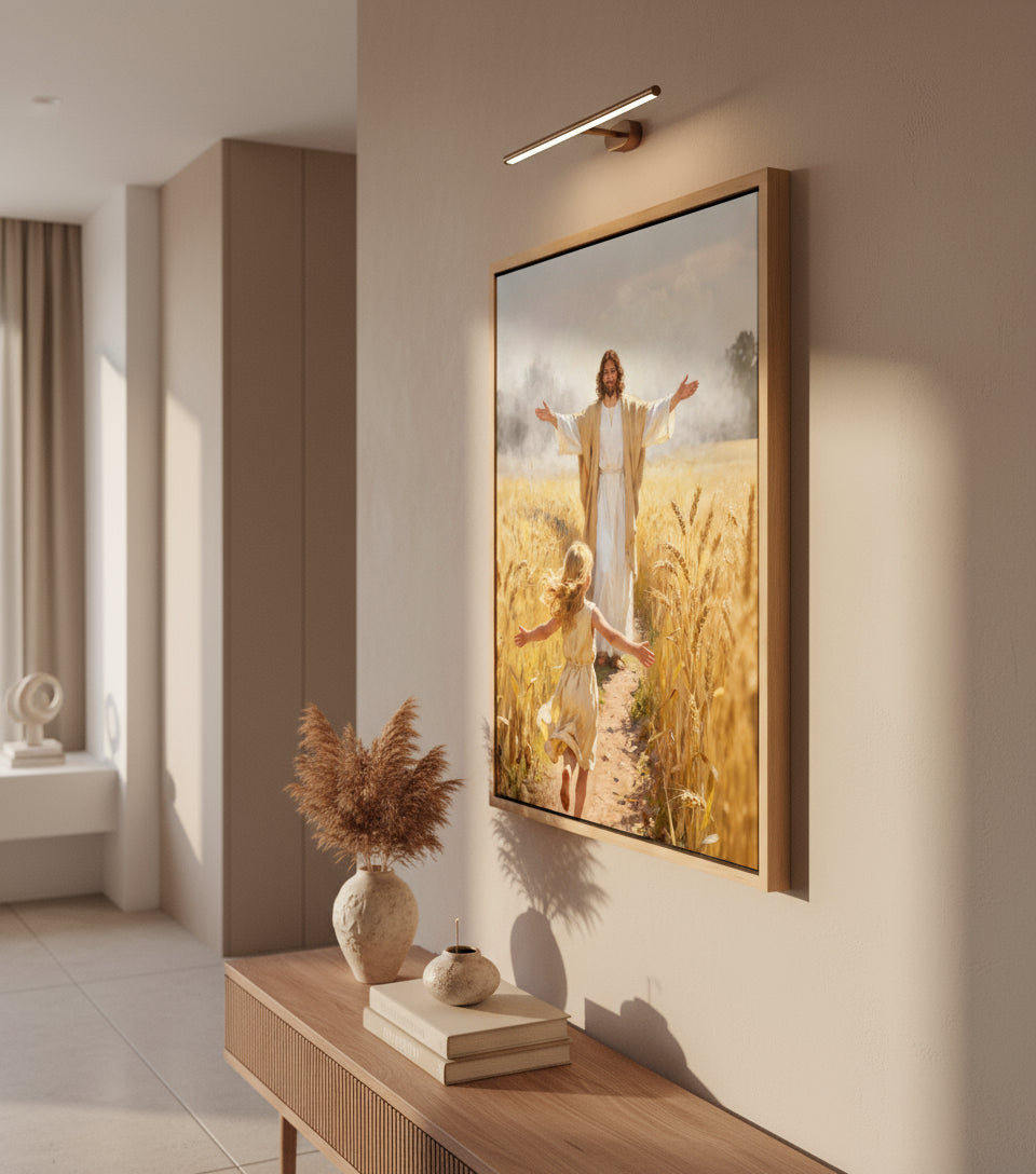 Jesus embraces the little girl in the wheat field | Jesus Canvas