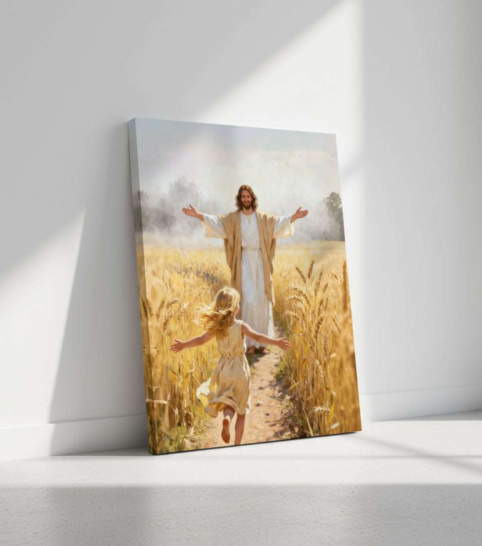 Jesus embraces the little girl in the wheat field | Jesus Canvas