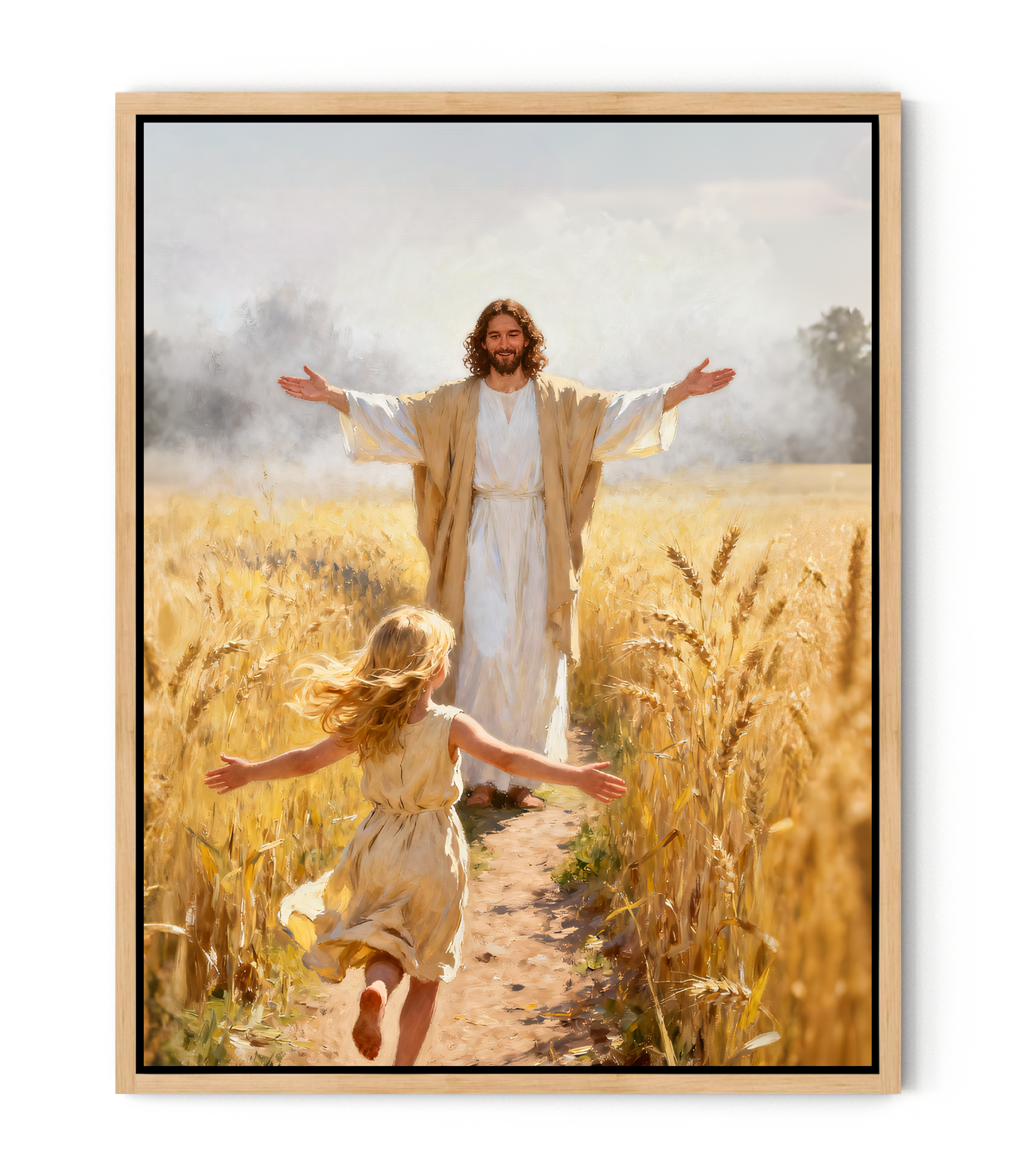 Jesus embraces the little girl in the wheat field | Jesus Canvas