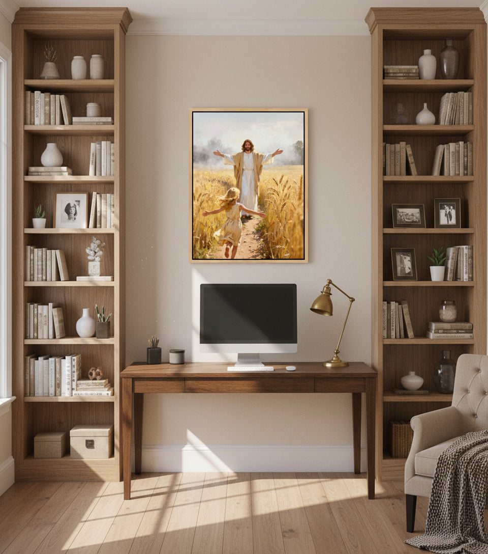 Jesus embraces the little girl in the wheat field | Jesus Canvas