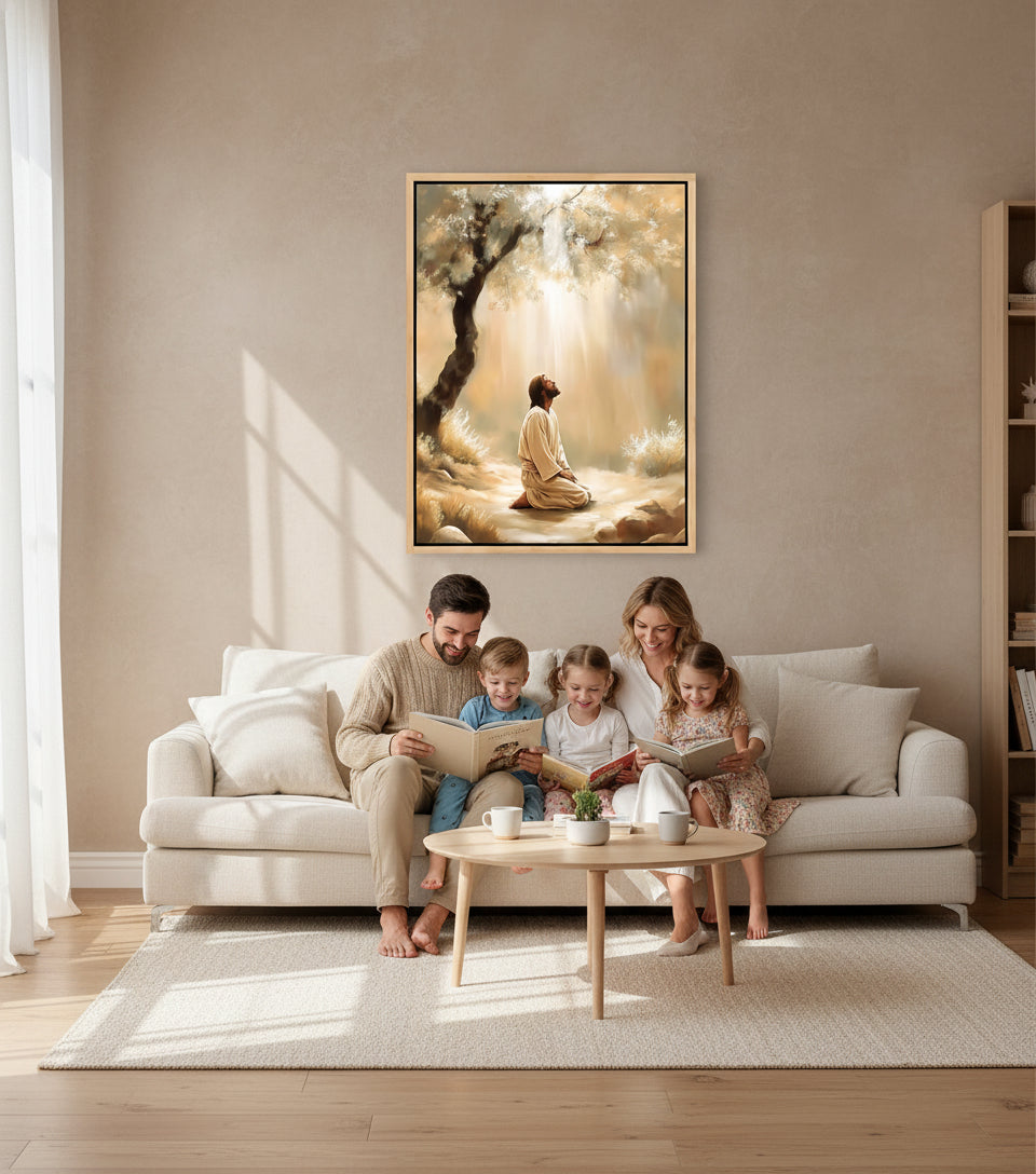 Jesus Praying Under the Olive Tree – Golden Light Christian Oil Painting