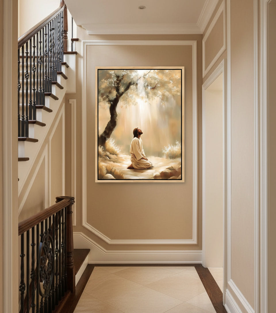 Jesus Praying Under the Olive Tree – Golden Light Christian Oil Painting