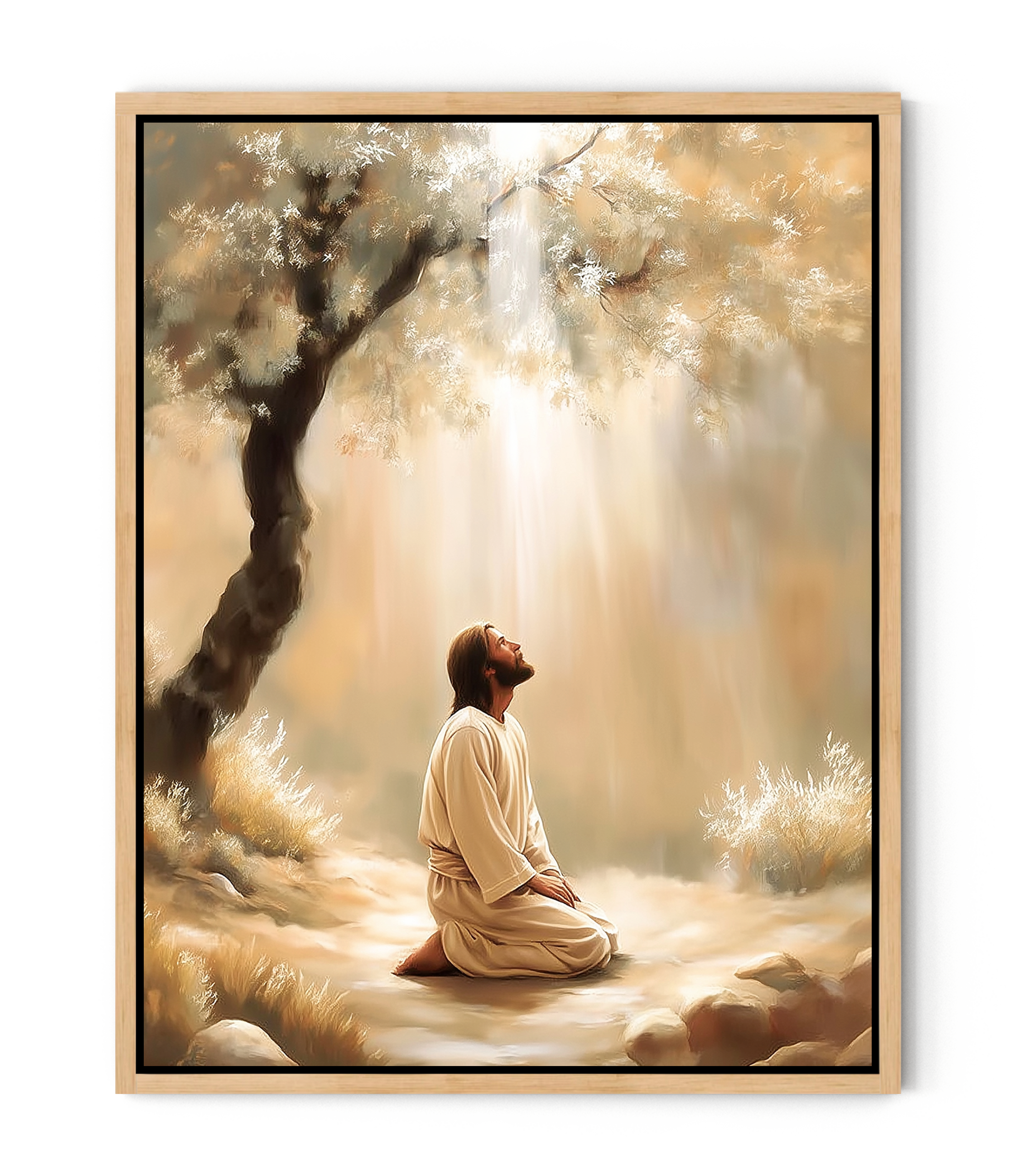 Jesus Praying Under the Olive Tree – Golden Light Christian Oil Painting