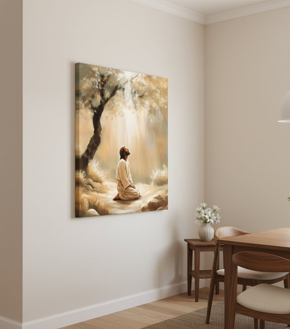 Jesus Praying Under the Olive Tree – Golden Light Christian Oil Painting