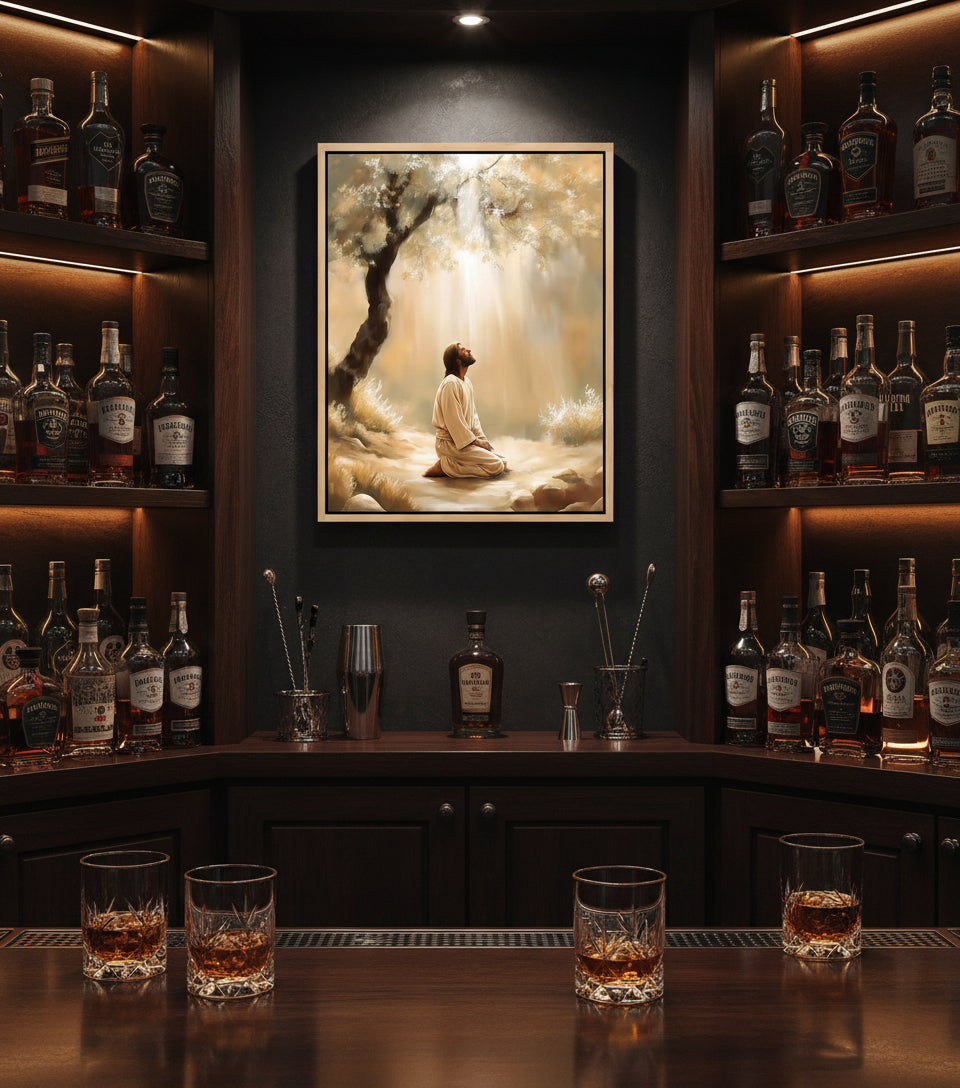 Jesus Praying Under the Olive Tree – Golden Light Christian Oil Painting