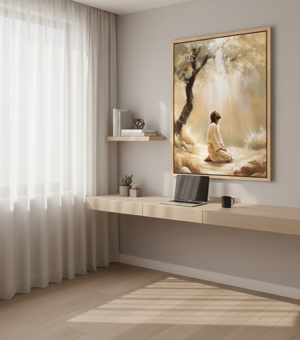 Jesus Praying Under the Olive Tree – Golden Light Christian Oil Painting