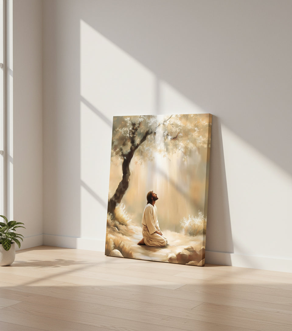 Jesus Praying Under the Olive Tree – Golden Light Christian Oil Painting