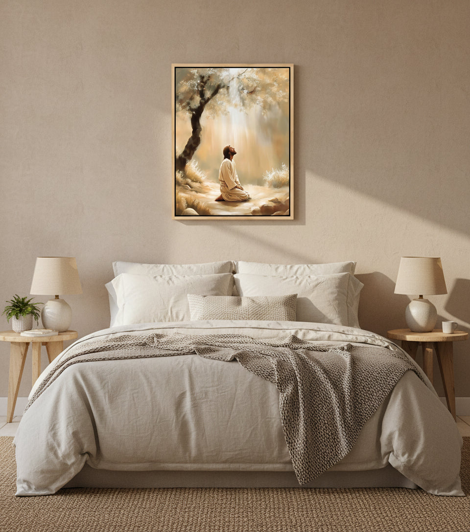 Jesus Praying Under the Olive Tree – Golden Light Christian Oil Painting