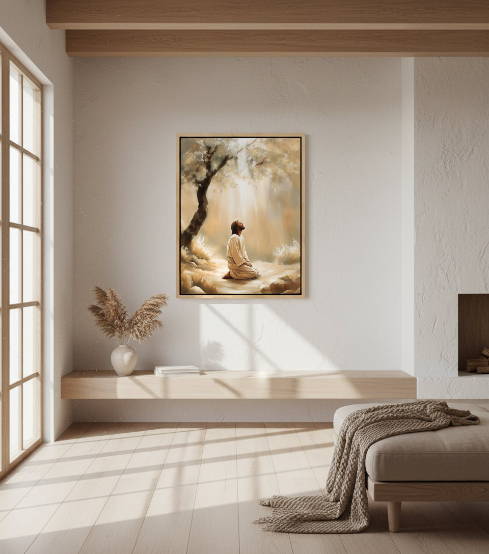 Jesus Praying Under the Olive Tree – Golden Light Christian Oil Painting