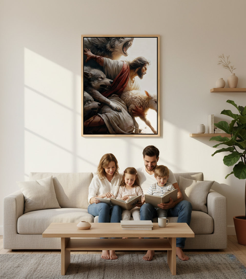 The Good Shepherd – Jesus Protecting the Lamb from the Wolves | FaithfulPrints