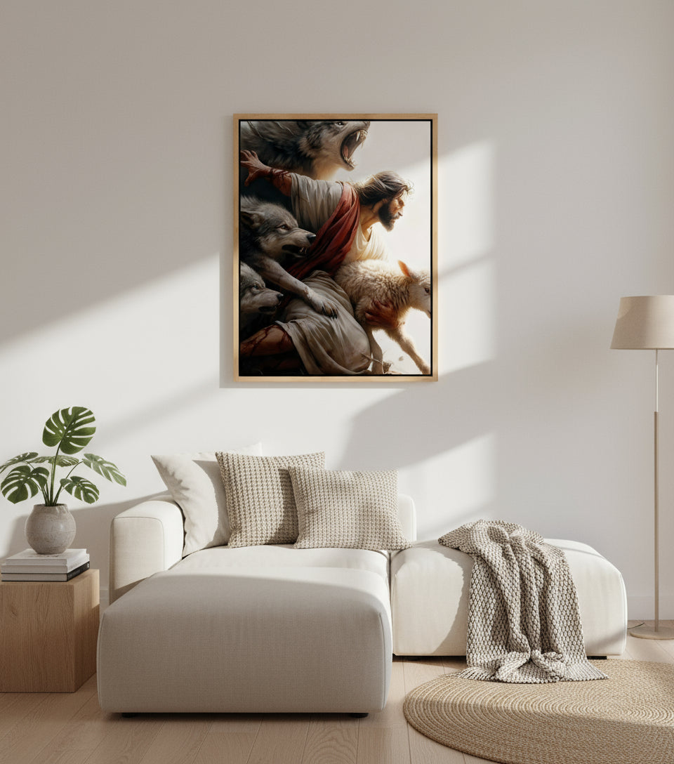 The Good Shepherd – Jesus Protecting the Lamb from the Wolves | FaithfulPrints