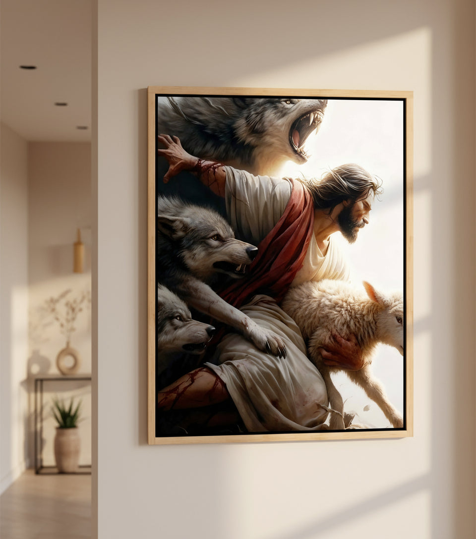 The Good Shepherd – Jesus Protecting the Lamb from the Wolves | FaithfulPrints