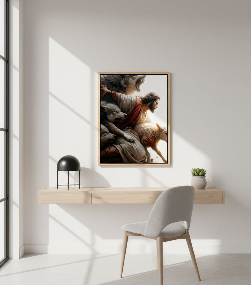 The Good Shepherd – Jesus Protecting the Lamb from the Wolves | FaithfulPrints
