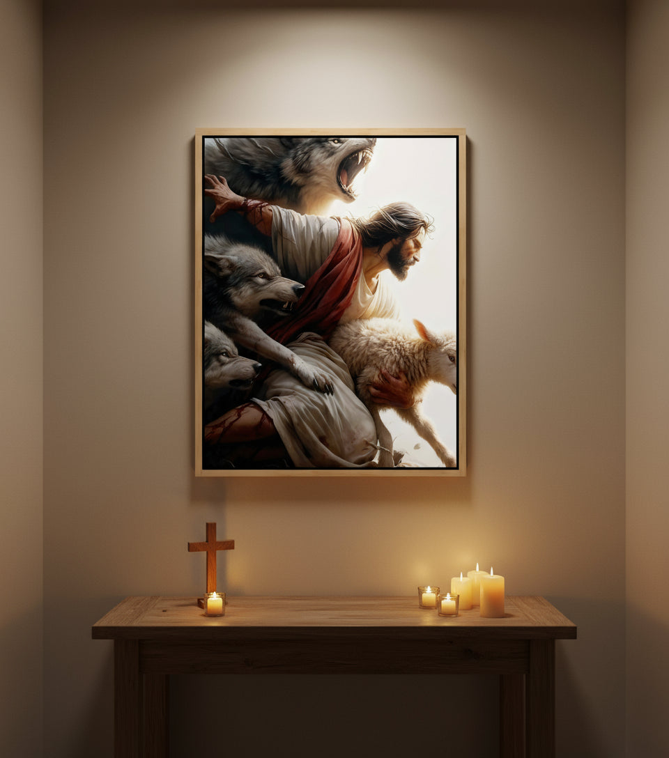 The Good Shepherd – Jesus Protecting the Lamb from the Wolves | FaithfulPrints