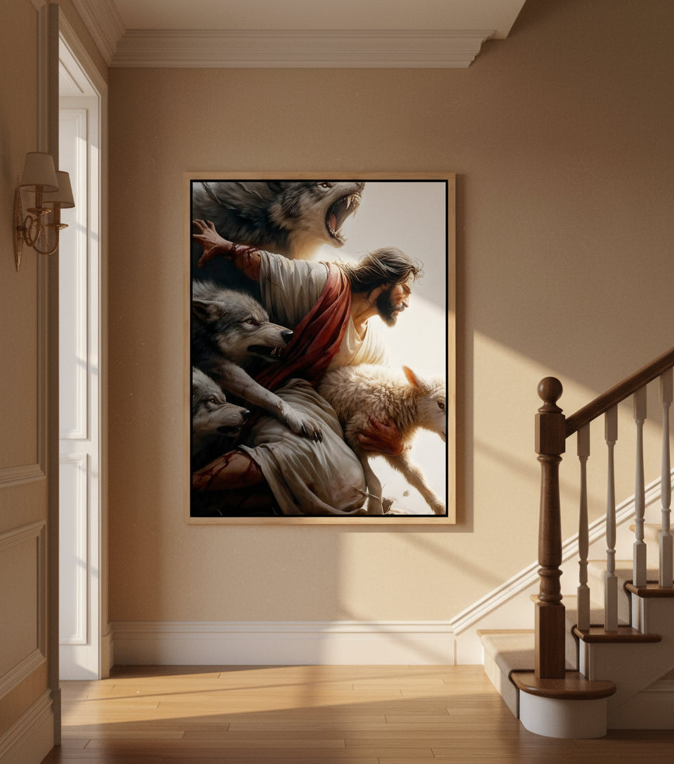 The Good Shepherd – Jesus Protecting the Lamb from the Wolves | FaithfulPrints