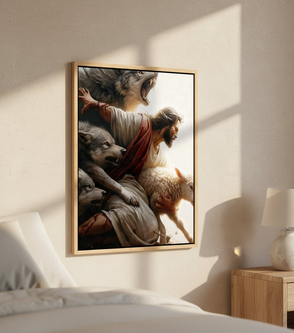 The Good Shepherd – Jesus Protecting the Lamb from the Wolves | FaithfulPrints