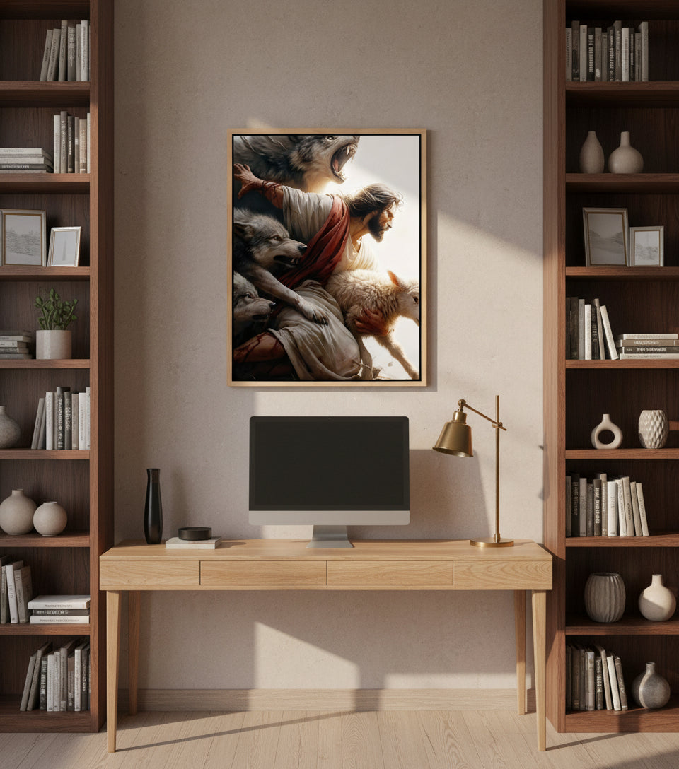 The Good Shepherd – Jesus Protecting the Lamb from the Wolves | FaithfulPrints