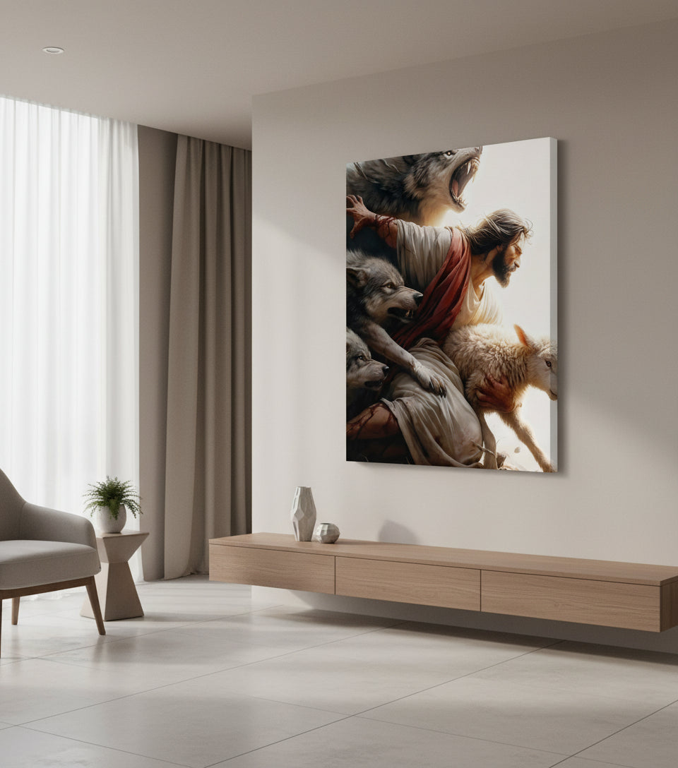 The Good Shepherd – Jesus Protecting the Lamb from the Wolves | FaithfulPrints