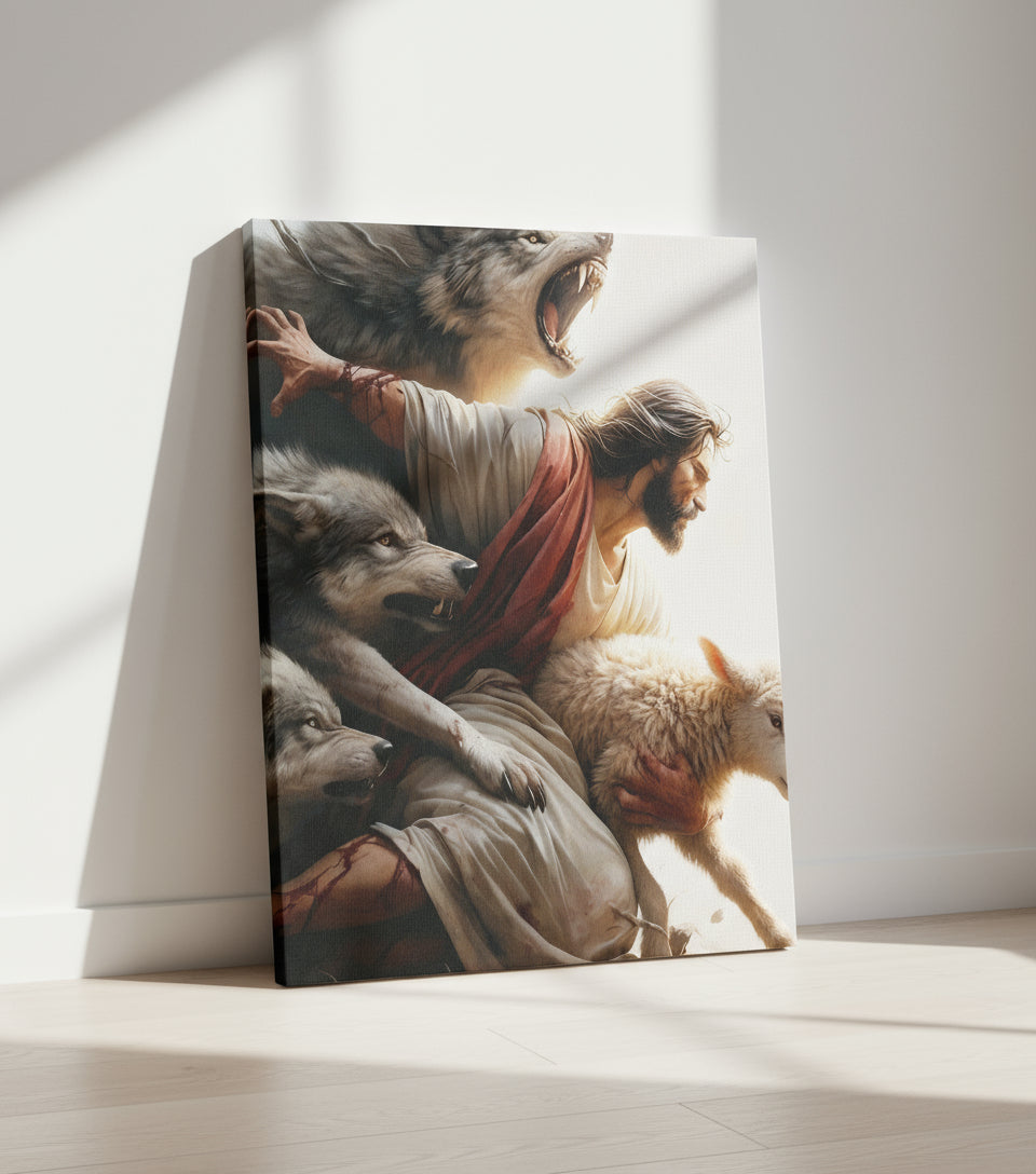 The Good Shepherd – Jesus Protecting the Lamb from the Wolves | FaithfulPrints
