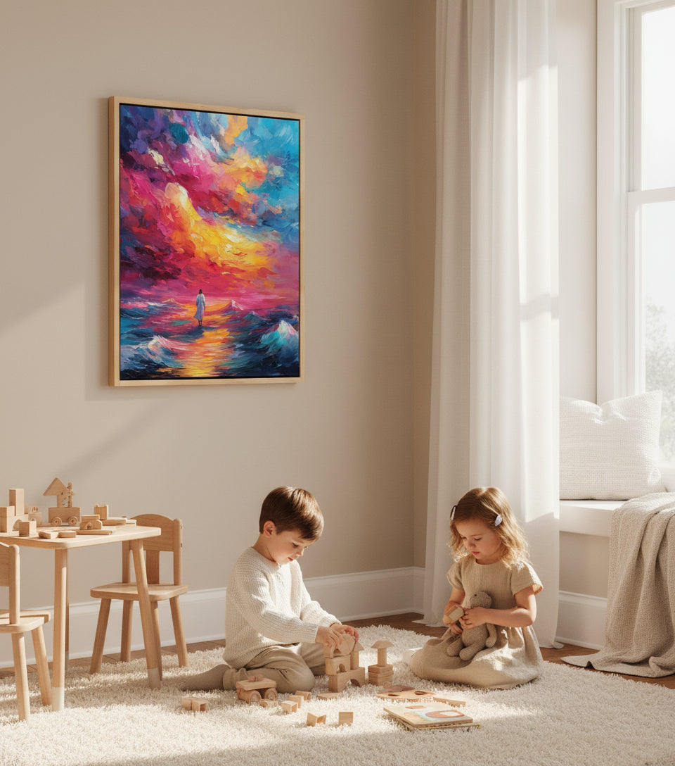 Walk Upon the Waves – Colorful oil painting of Jesus walking on the sea