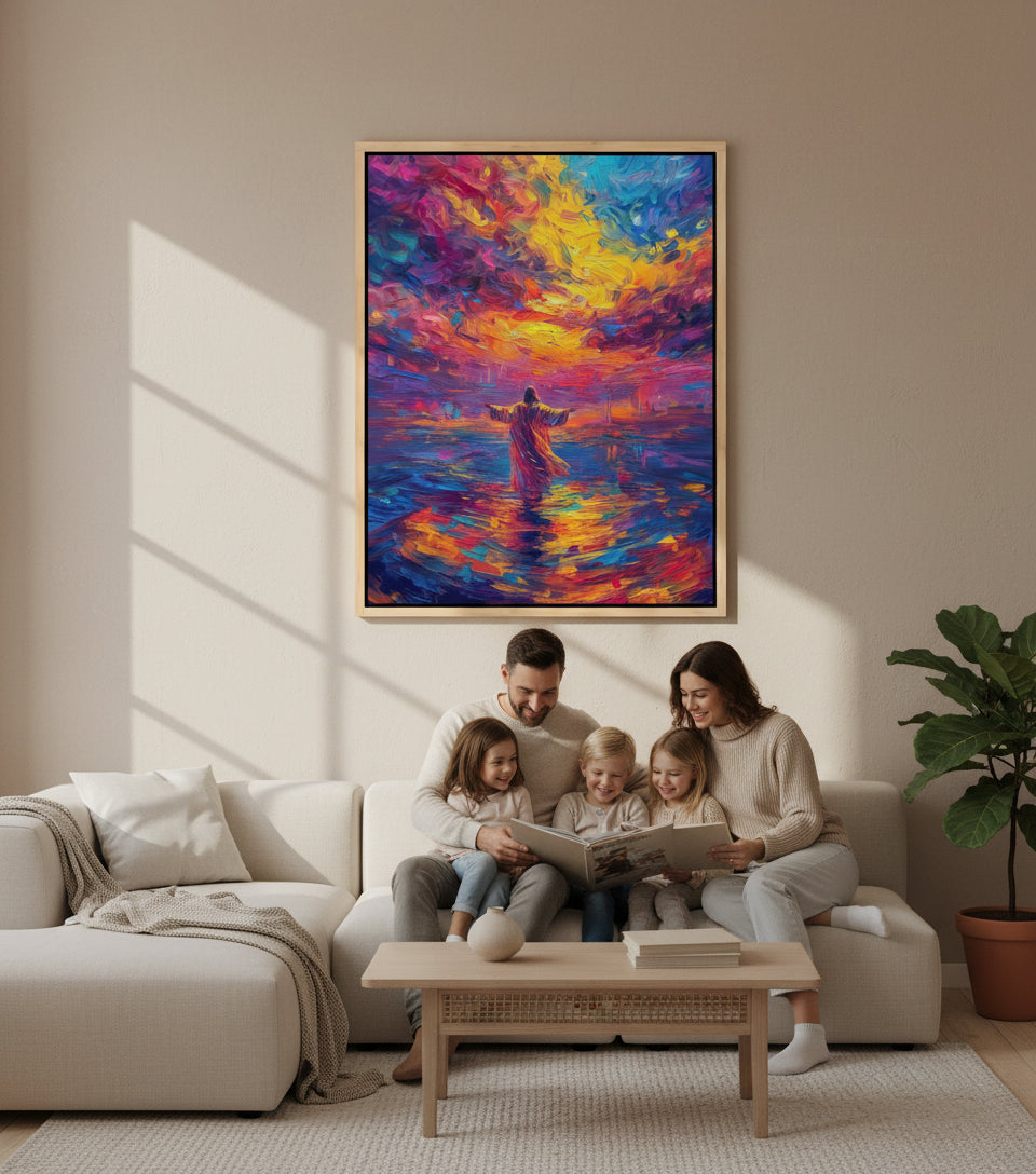 Arms Open Over the Waters – Colorful oil painting of Jesus walking on the sea