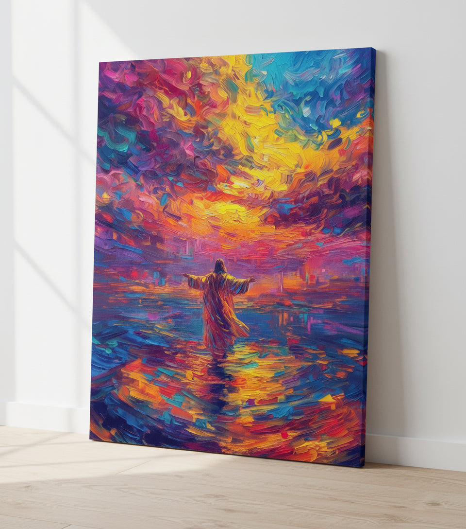 Arms Open Over the Waters – Colorful oil painting of Jesus walking on the sea