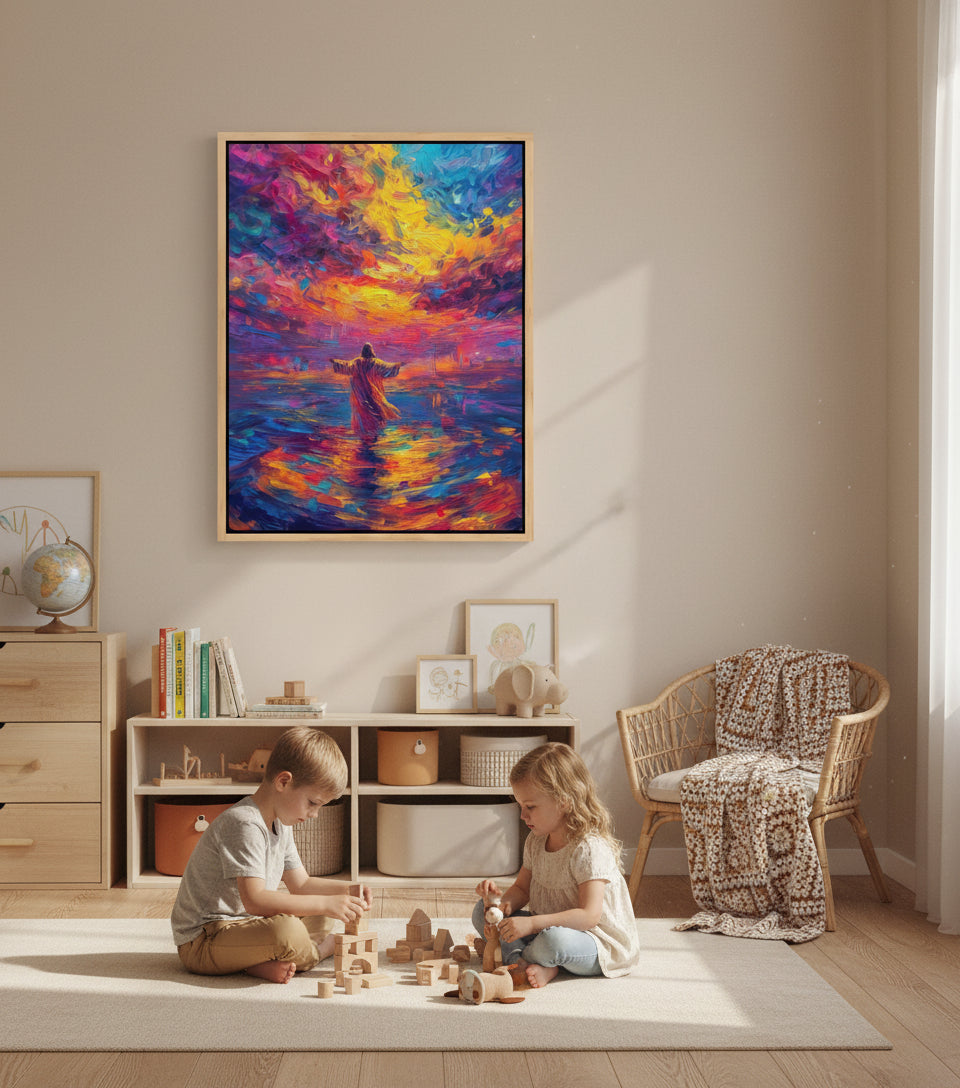 Arms Open Over the Waters – Colorful oil painting of Jesus walking on the sea