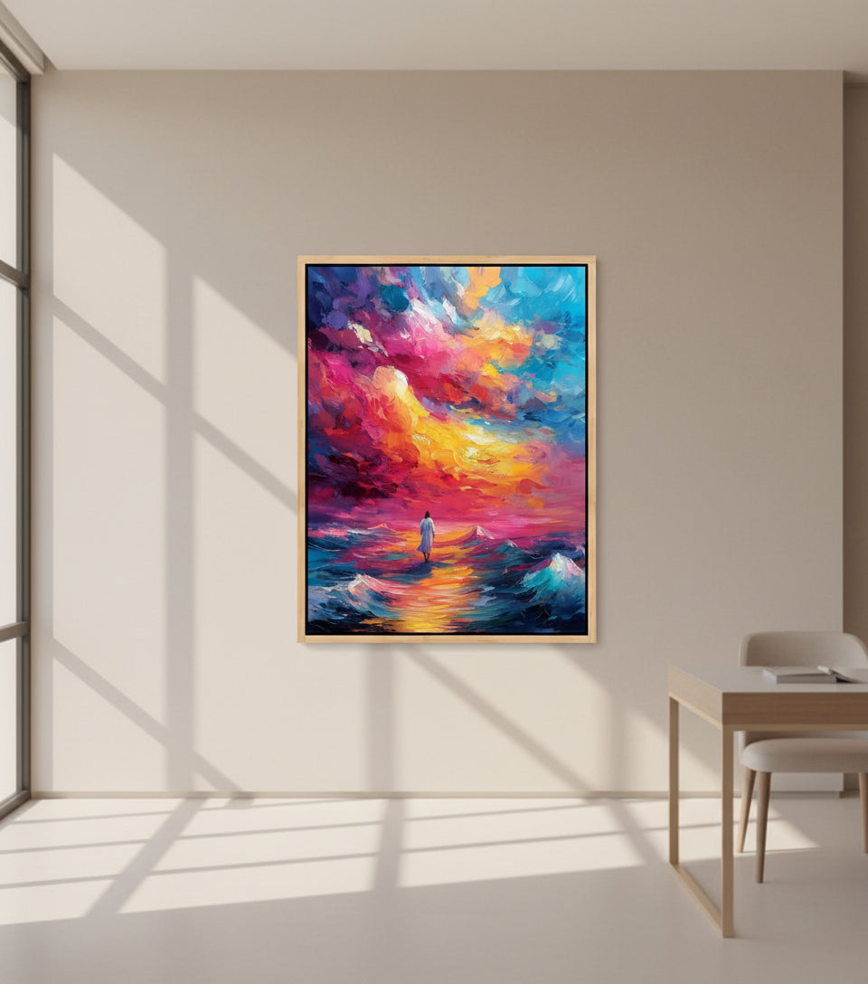 Walk Upon the Waves – Colorful oil painting of Jesus walking on the sea