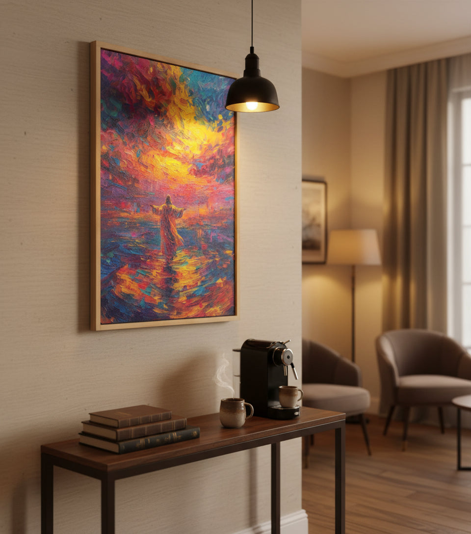 Arms Open Over the Waters – Colorful oil painting of Jesus walking on the sea