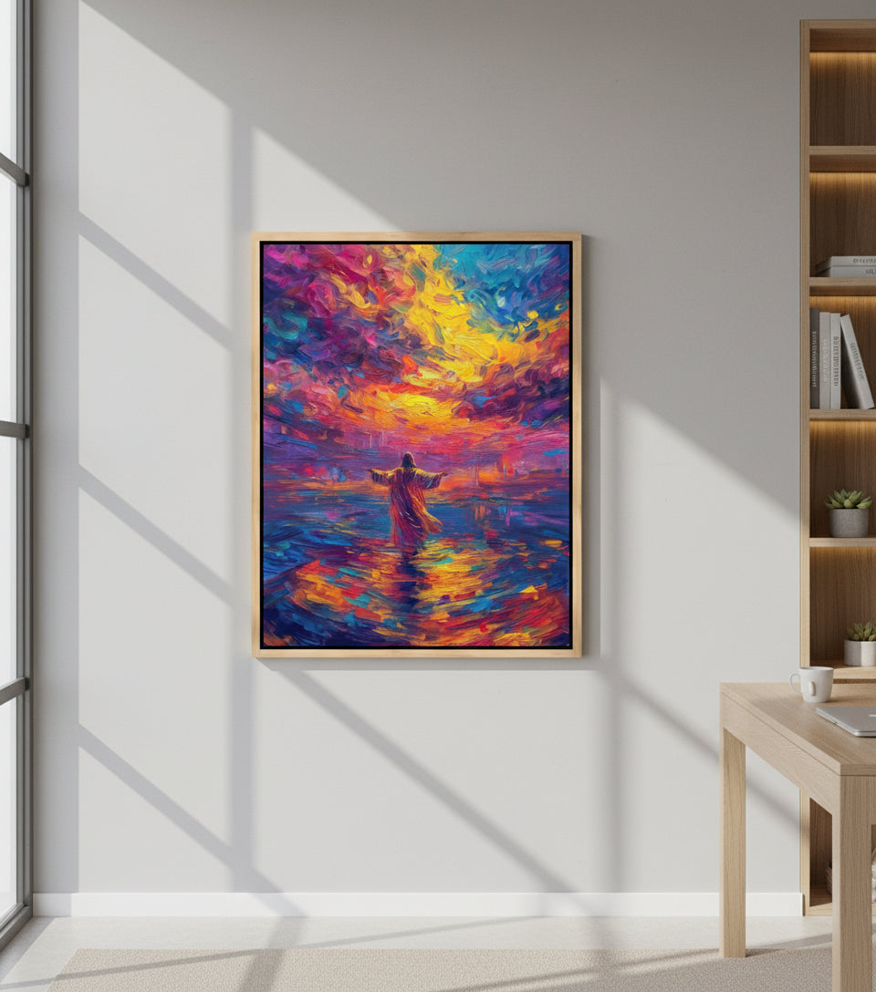 Arms Open Over the Waters – Colorful oil painting of Jesus walking on the sea