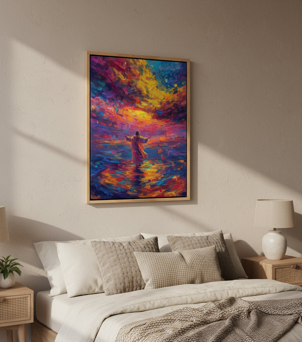Arms Open Over the Waters – Colorful oil painting of Jesus walking on the sea