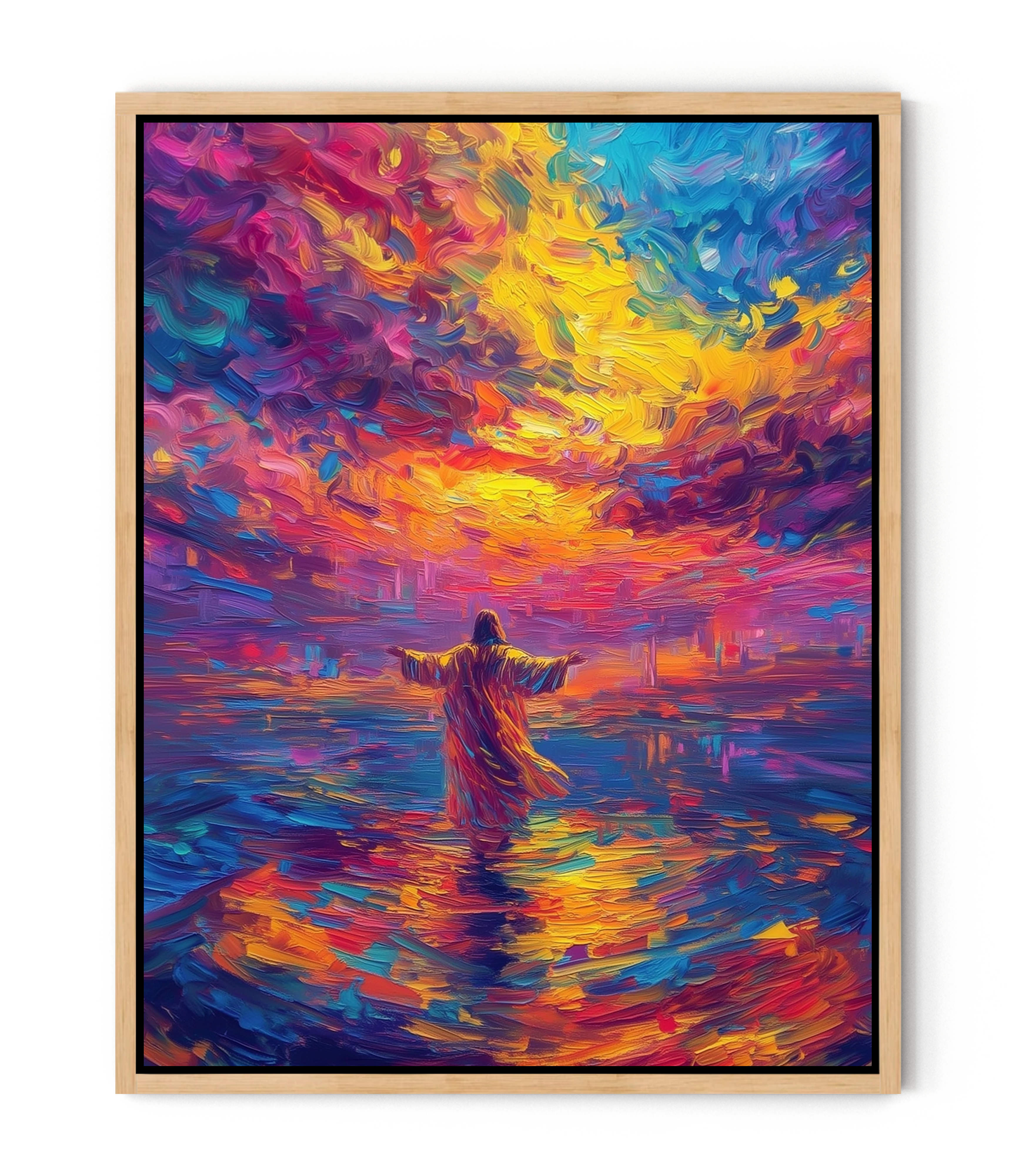 Arms Open Over the Waters – Colorful oil painting of Jesus walking on the sea