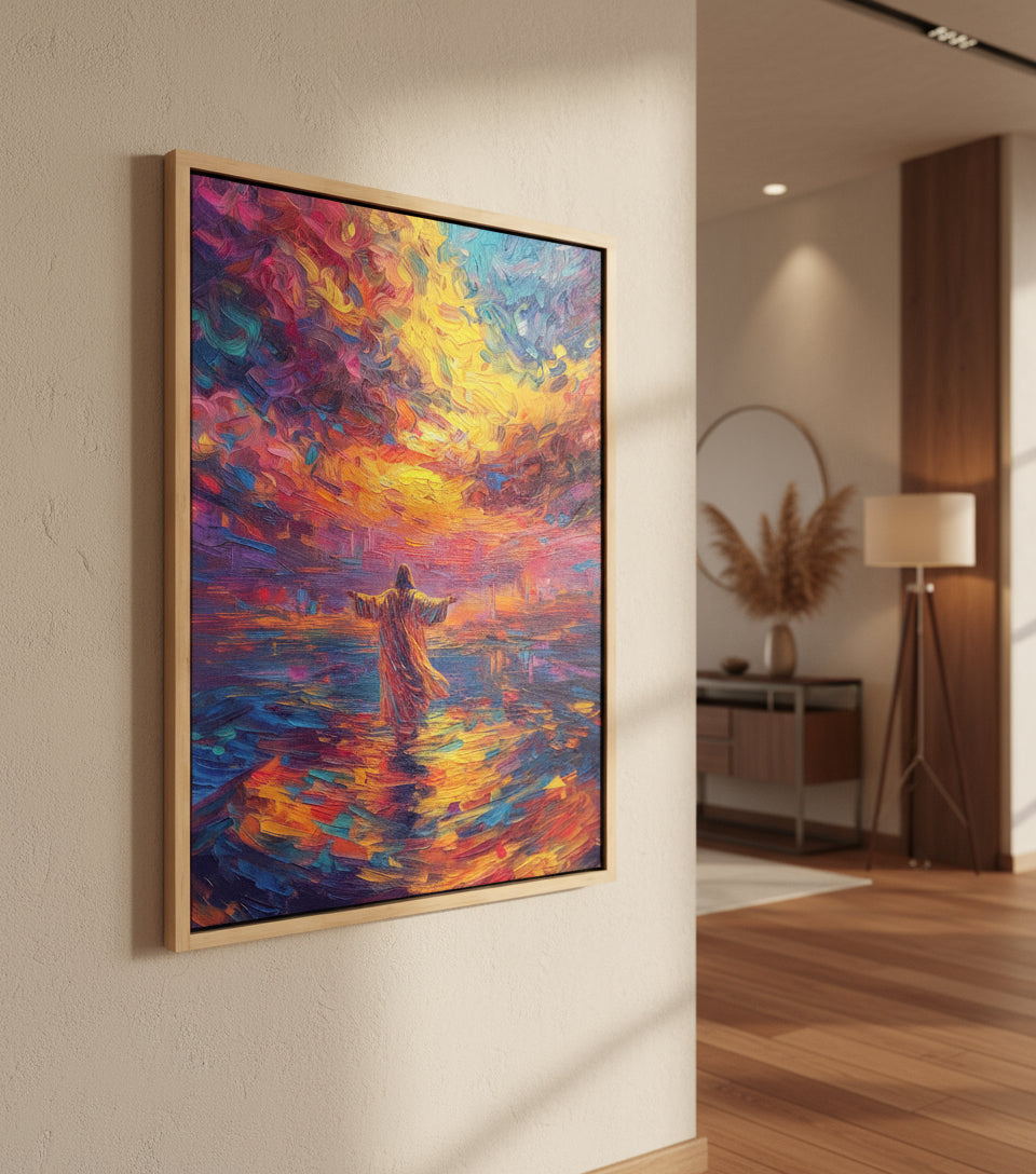 Arms Open Over the Waters – Colorful oil painting of Jesus walking on the sea