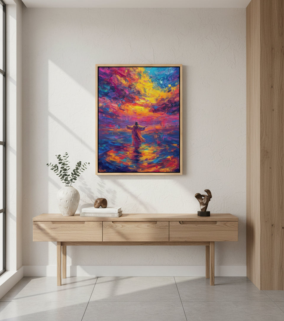 Arms Open Over the Waters – Colorful oil painting of Jesus walking on the sea