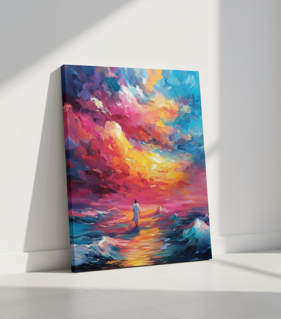 Walk Upon the Waves – Colorful oil painting of Jesus walking on the sea