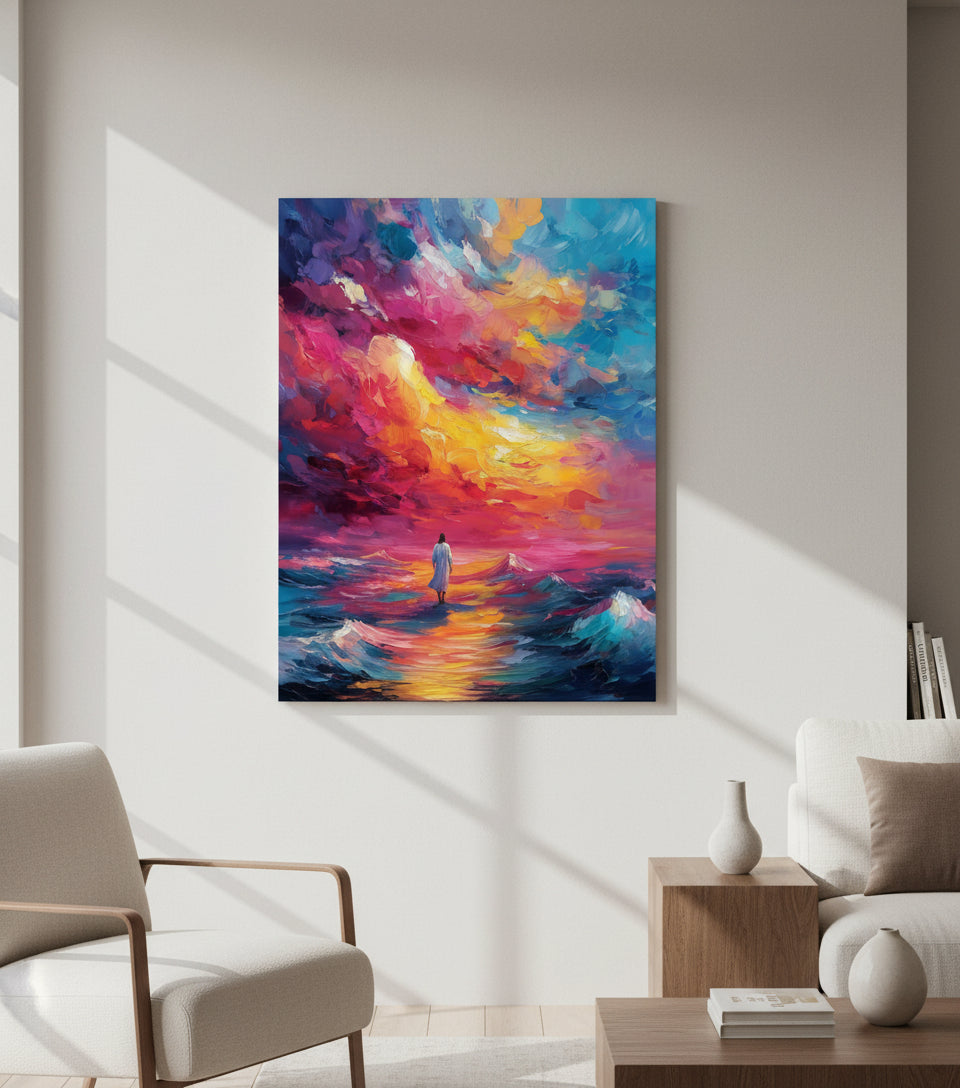 Walk Upon the Waves – Colorful oil painting of Jesus walking on the sea