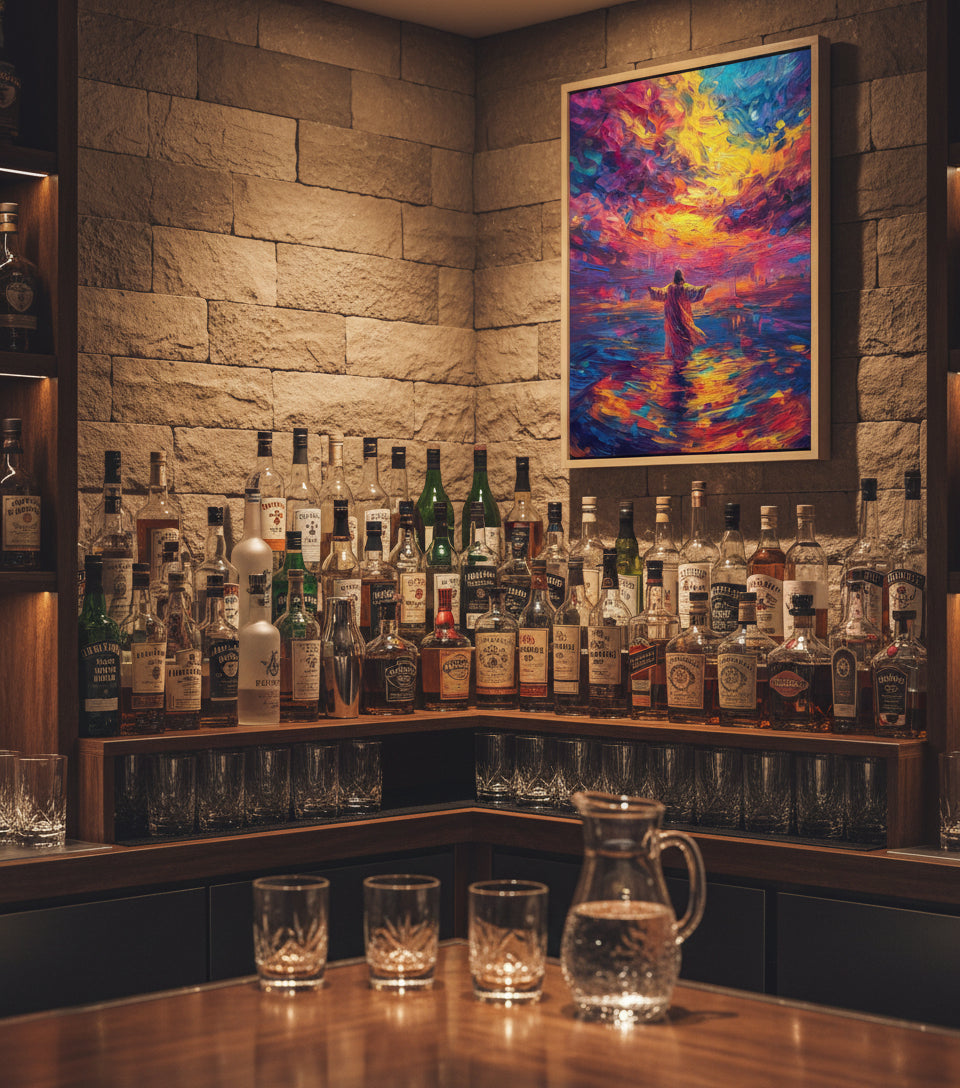 Arms Open Over the Waters – Colorful oil painting of Jesus walking on the sea