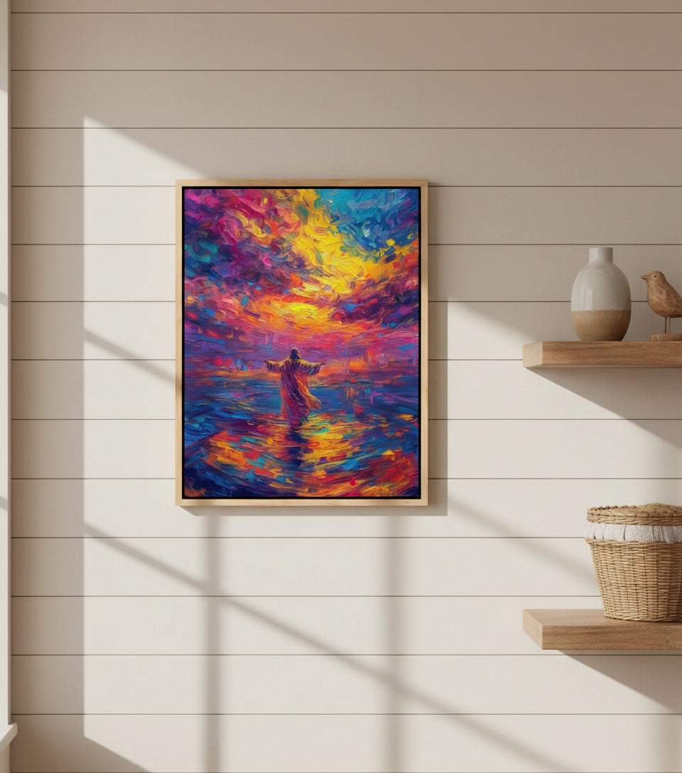 Arms Open Over the Waters – Colorful oil painting of Jesus walking on the sea
