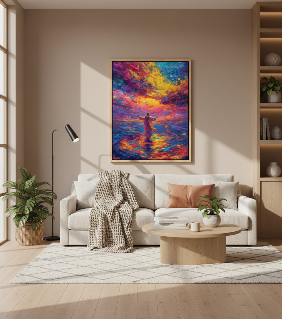 Arms Open Over the Waters – Colorful oil painting of Jesus walking on the sea