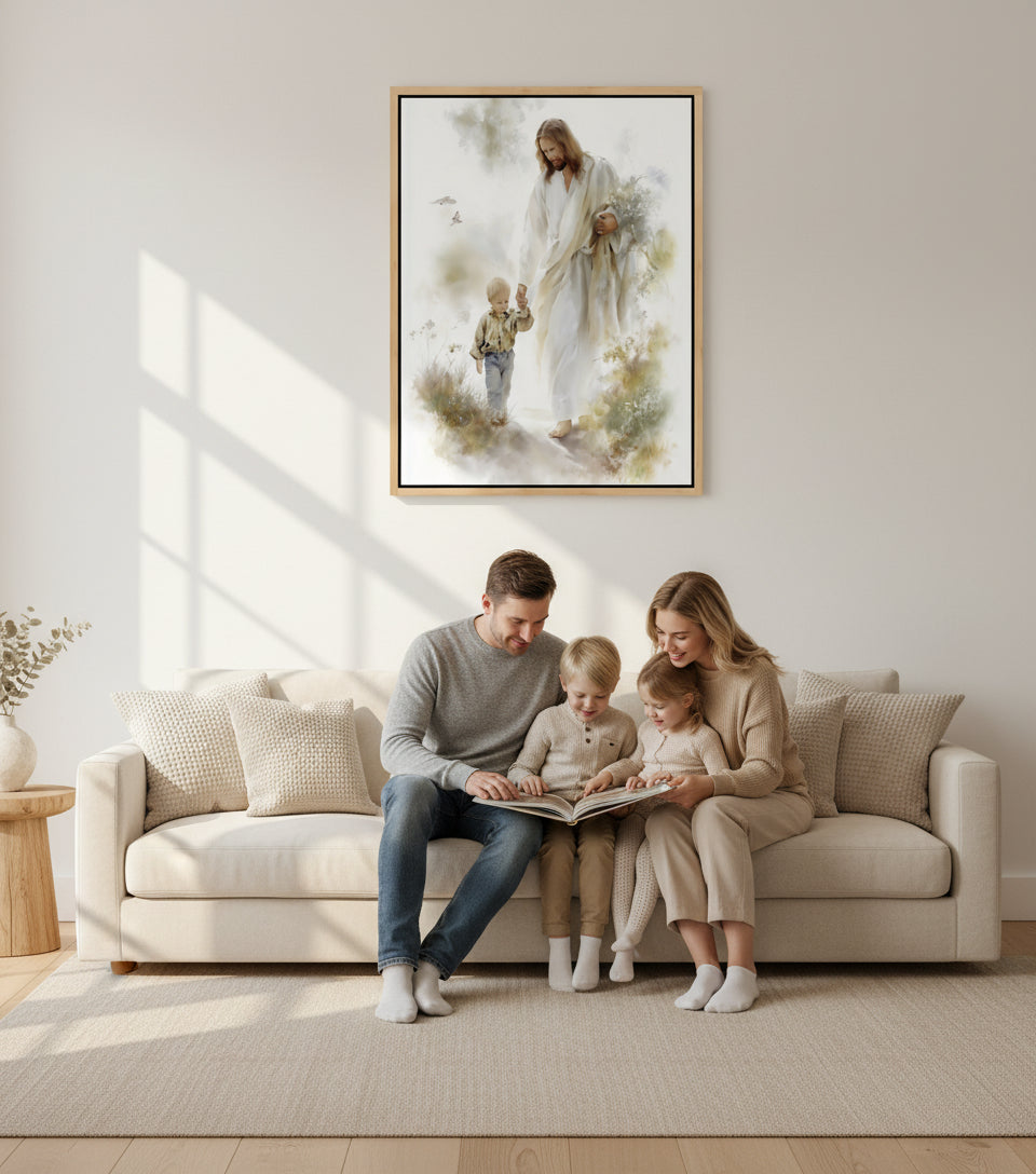 Jesus in White Robe Holding a Boy’s Hand – Christian Wall Art