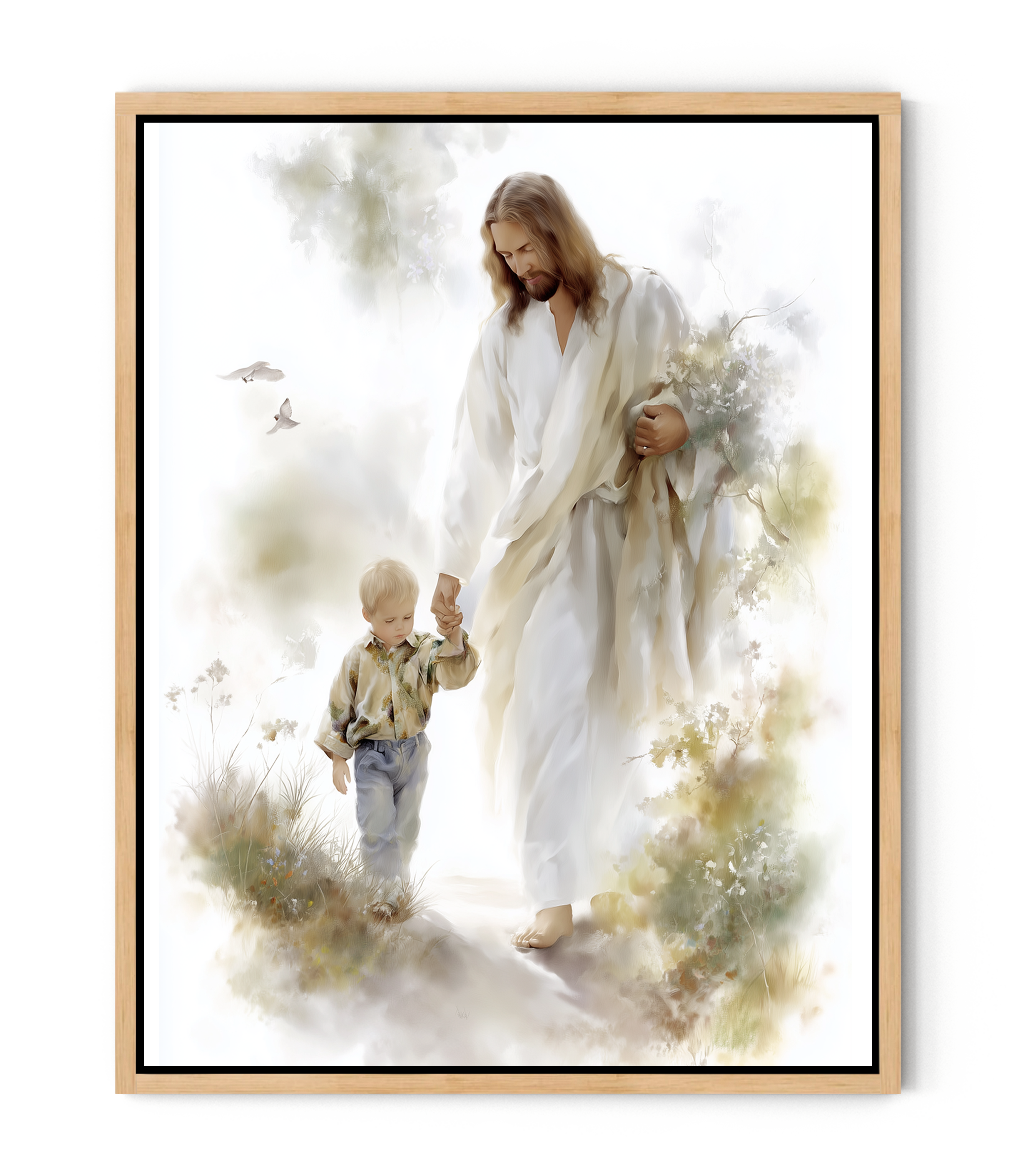 Jesus in White Robe Holding a Boy’s Hand – Christian Wall Art