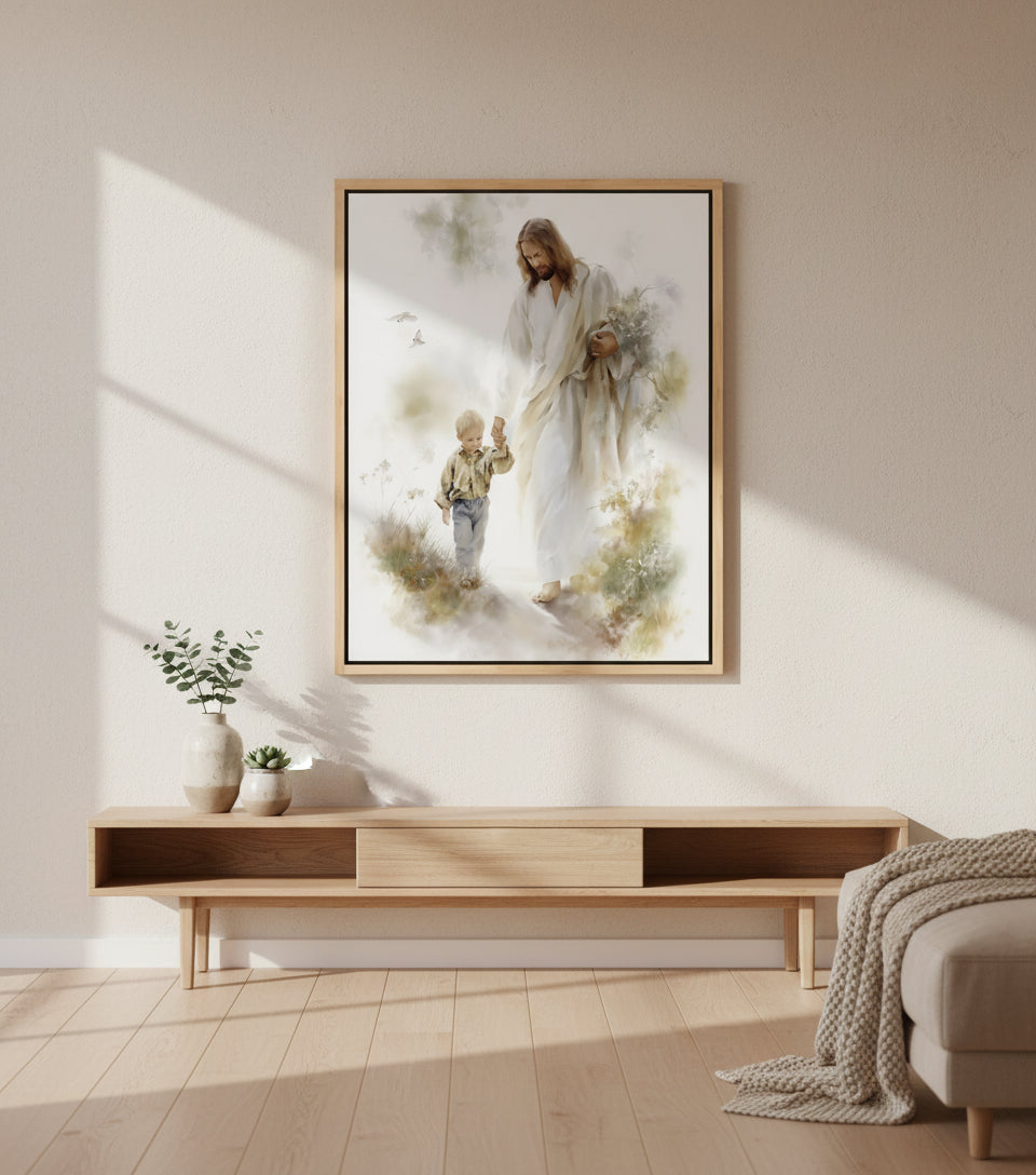 Jesus in White Robe Holding a Boy’s Hand – Christian Wall Art
