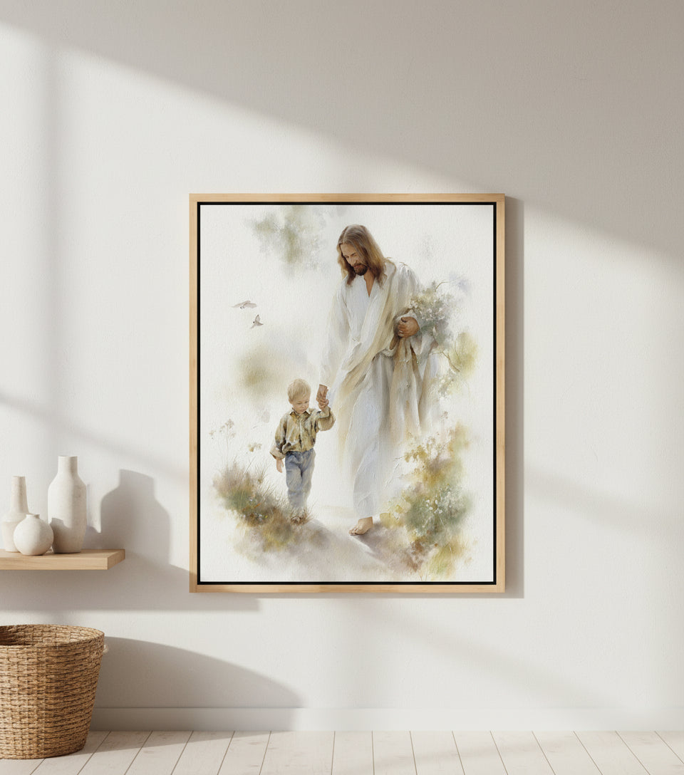 Jesus in White Robe Holding a Boy’s Hand – Christian Wall Art