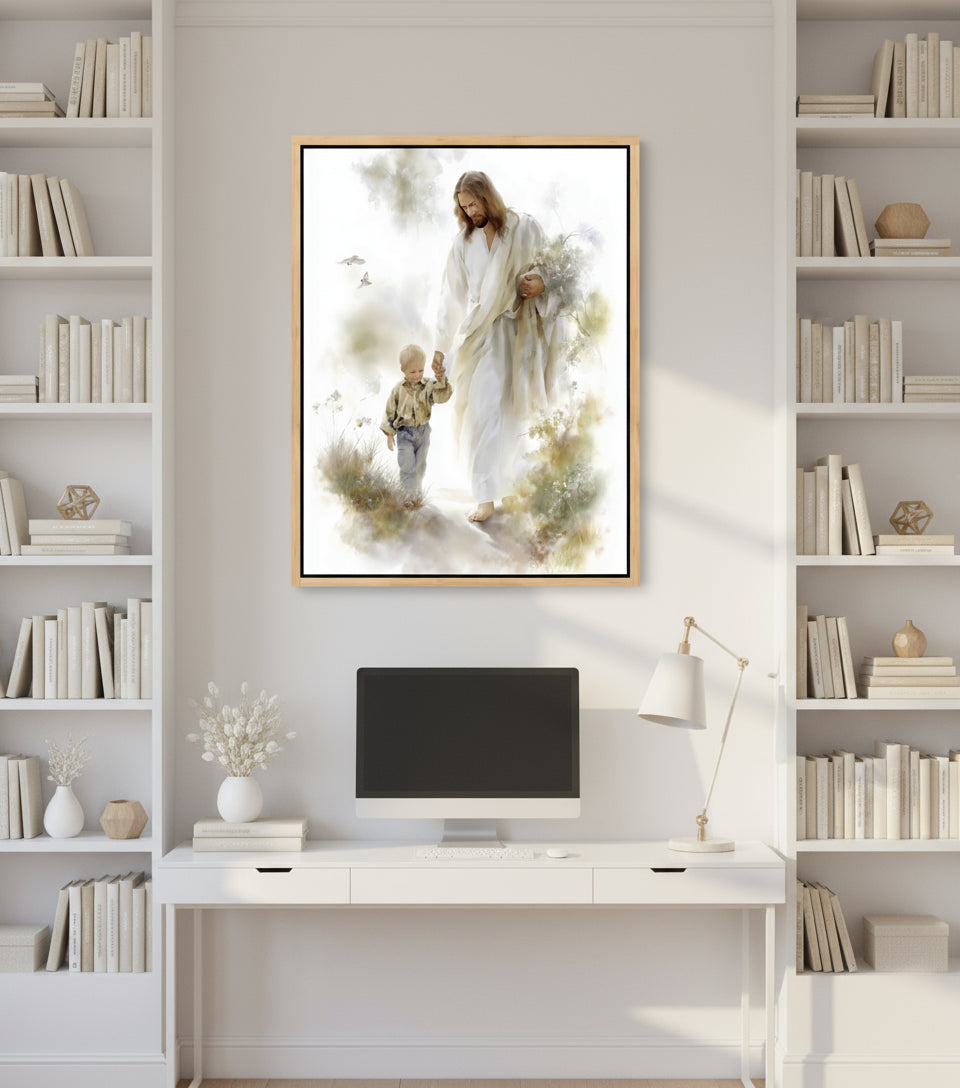 Jesus in White Robe Holding a Boy’s Hand – Christian Wall Art