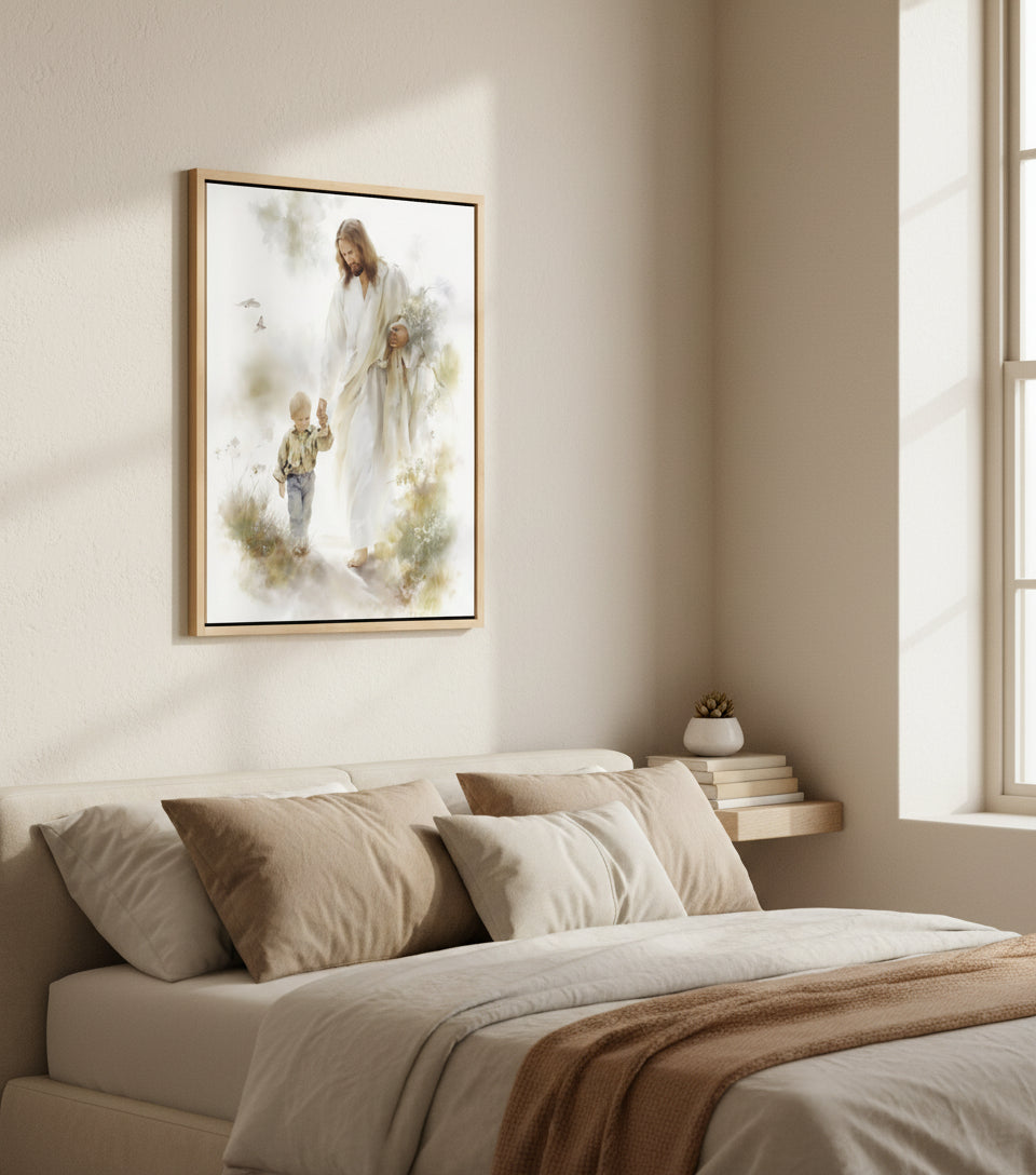 Jesus in White Robe Holding a Boy’s Hand – Christian Wall Art