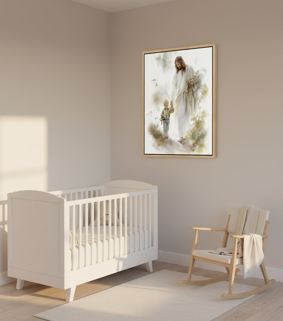 Jesus in White Robe Holding a Boy’s Hand – Christian Wall Art