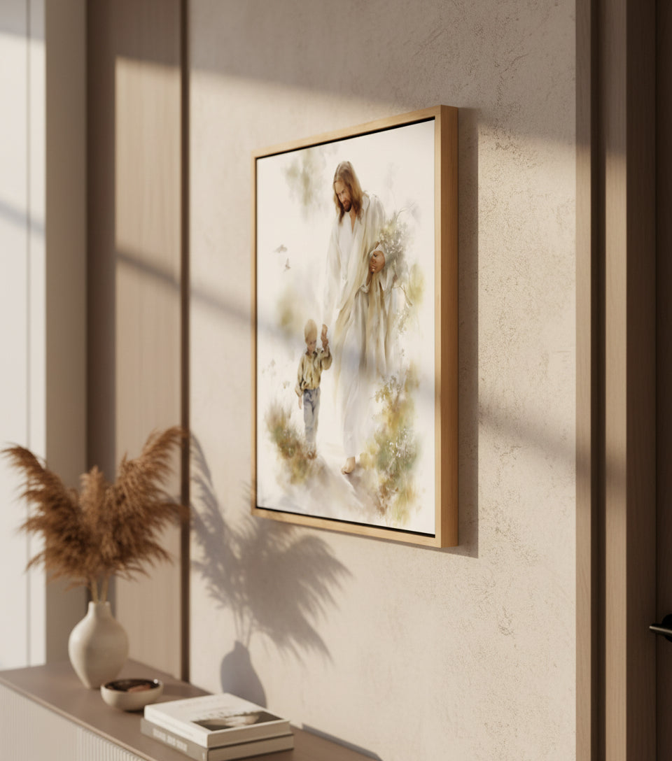 Jesus in White Robe Holding a Boy’s Hand – Christian Wall Art