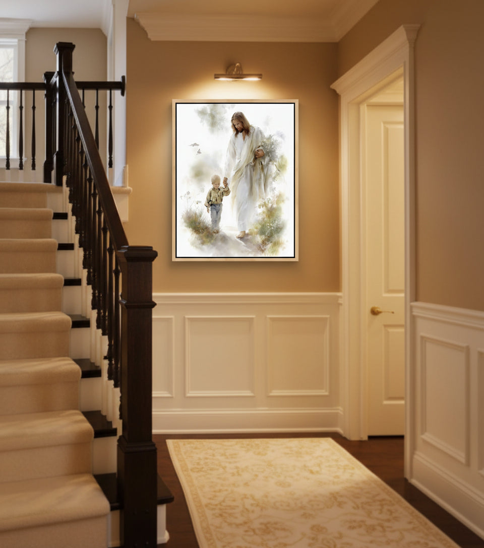 Jesus in White Robe Holding a Boy’s Hand – Christian Wall Art